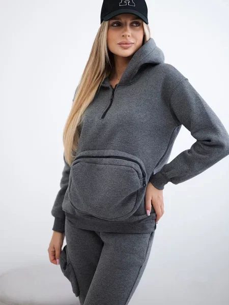 Komplet dresowy Kesi w kolorze melanż ocieplany z dekoracyjnymi kieszeniami szary