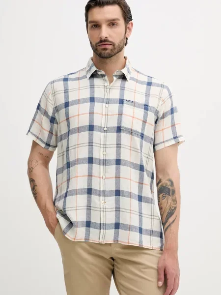 Lněná košile Barbour CROFT regular s klasickým límcem modrá