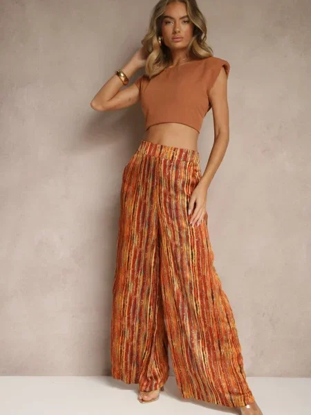 Portocaliu-Galben Pantaloni în Stil Palazzo Decorați cu Sclipici cu în Talie Hinlea galben