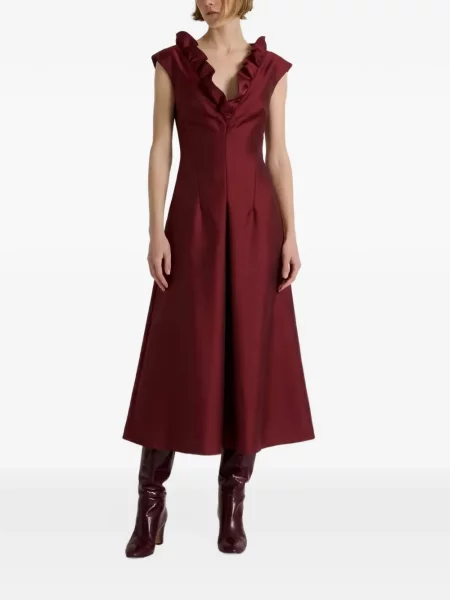 V-nyakú fodros midi ruha Alberta Ferretti piros