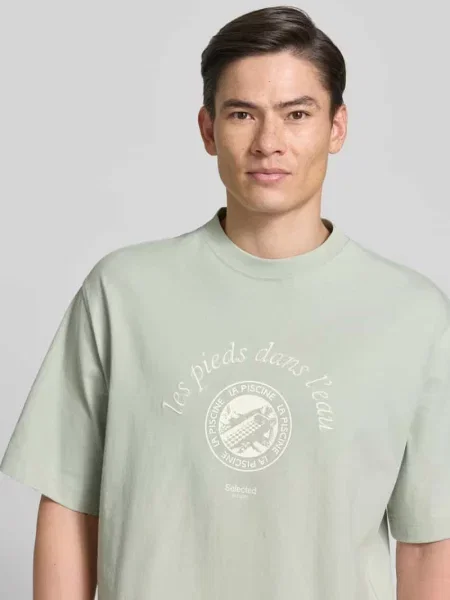 T-shirt o kroju relaxed fit z czystej bawełny model BOXYNORMAN GRAPHIC' Selected Homme miętowa