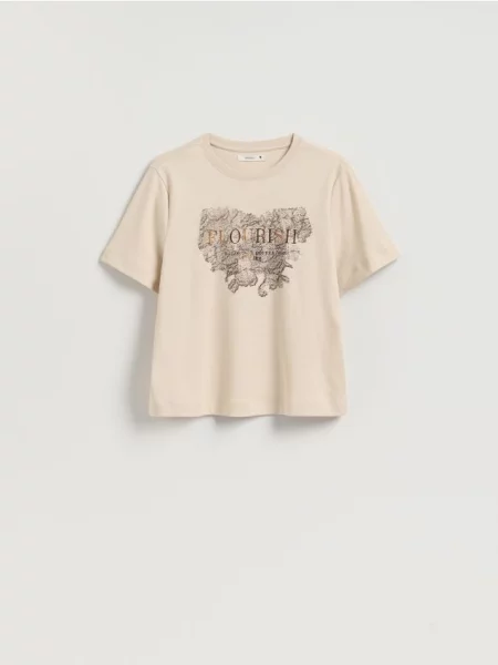 Reserved Tricou din cu imprimeu bej