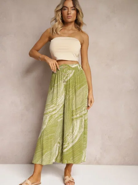 Szerokie Spodnie High Waist z Wykończone Gumką w Pasie Risallni zielone