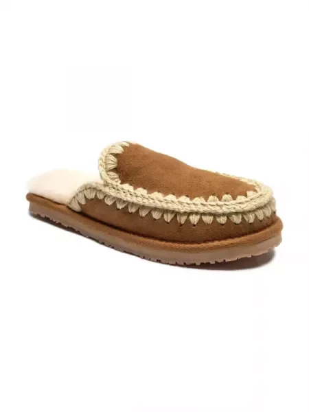 MOU Papuci de casă FULL ESKIMO STITCH cu adaos de lână | piele întoarsă maro