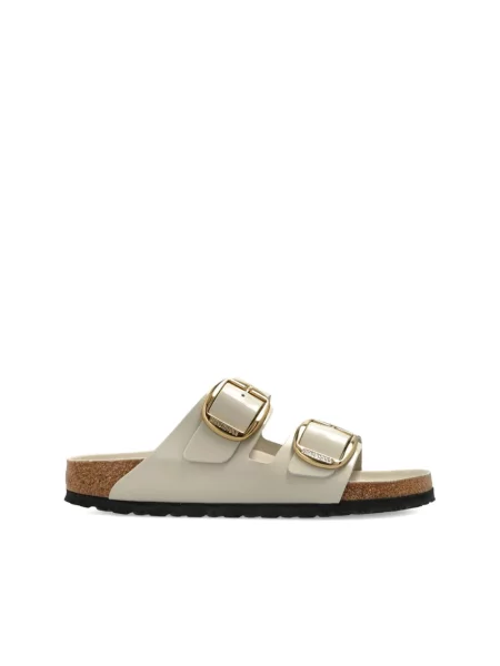 Klapki Birkenstock skórzane na sprzączkę beżowe