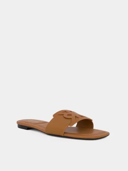 Шкіряні Шльопанці Calvin Klein SQUARE FLAT SANDAL EMBLEM коричневий