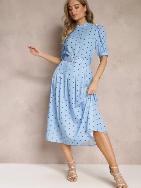 Rochie Cloș Midi cu în Talie și Ornamentală cu Cataramă Abennita albastră