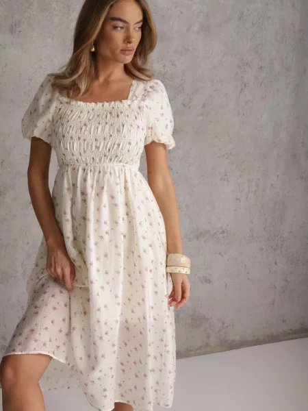Jasnobeżowa Rozkloszowana Sukienka z Tencelu w Stylu Baby Doll w Kwiatowy Print Harele beżowa