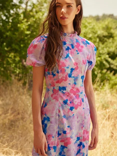 Rochie mini Trendyol cu model floral cu guler înalt țesută albastru