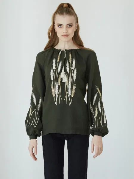 Лляна Вишита сорочка Едельвіка хакі