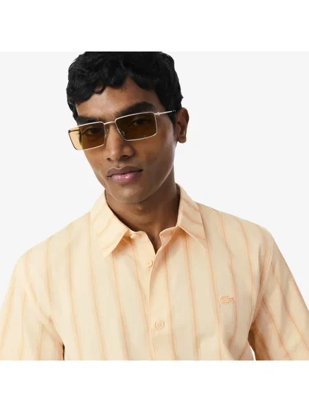 Lacoste Koszula Z Krótkim Rękawem W Paski Regular Fit pomarańczowa