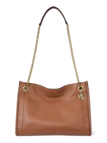 Torebka skórzana z zawieszką z logo Lauren Ralph Lauren brązowa