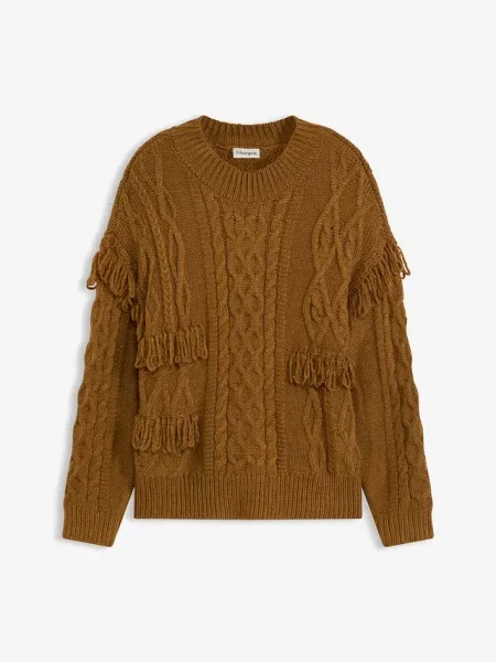 Sweter oversize z frędzlami brązowy