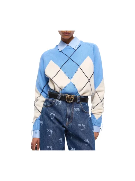 Dzianinowy sweter Pinko z wzorem argyle niebieski