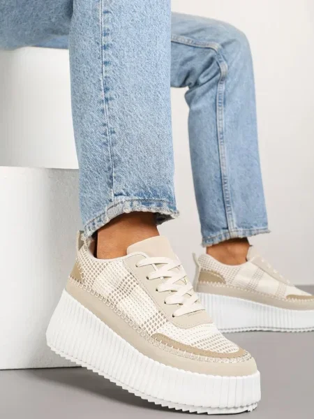 Sneakersy na Tłoczonej Platformie z Ozdobnymi Przeszyciami Faloviela beżowe