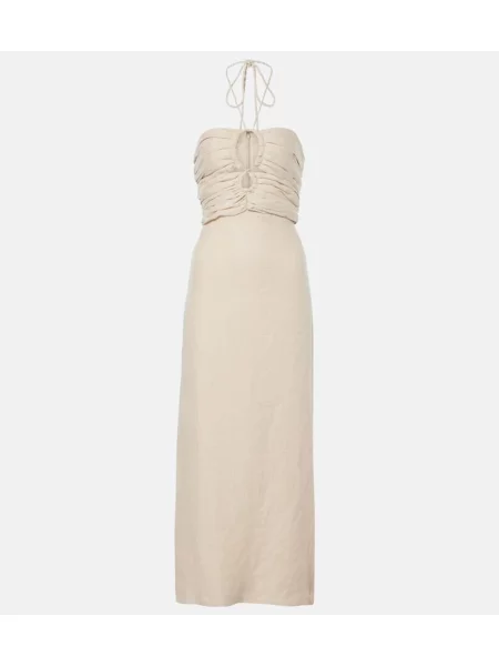 Lniana sukienka midi Faithfull do kolan z dekoltem halter beżowa