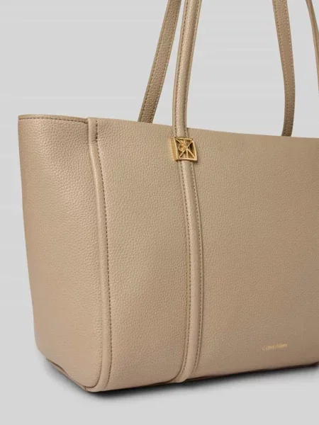 Torba shopper z Detal z logo Ck Calvin Klein beżowa