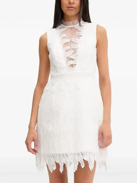Rochie mini Bardot cu broderie fără mâneci din dantelă alb