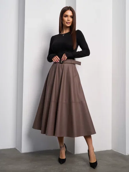 Спідниця міді ISSA Plus екошкіра коричневий