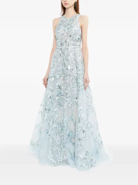 Rochie maxi Saiid Kobeisy cu broderie din tul lungă albastru