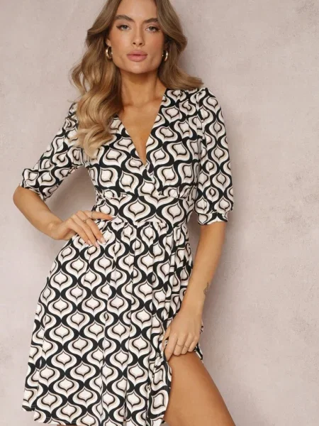 Rochie și Bej Mini cu Model Mozaic și Mâneci Bufante Sabreena neagră