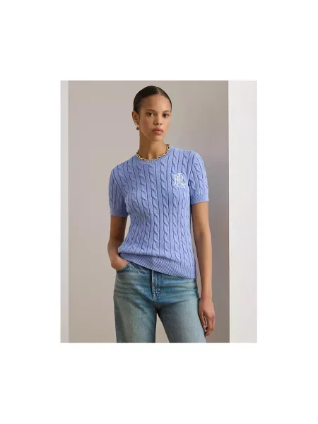 Lniany lekki sweter Ralph Lauren z krótkim rękawem niebieski
