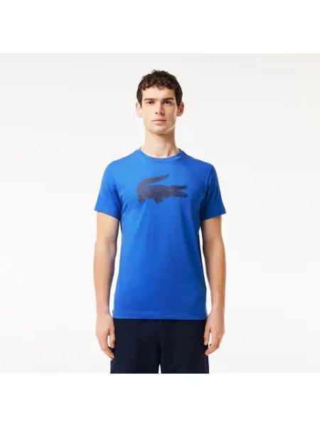Lacoste T-Shirt Z Oddychającego Dżerseju Sport Z Nadrukiem Z Logo Krokodyla 3D niebieska