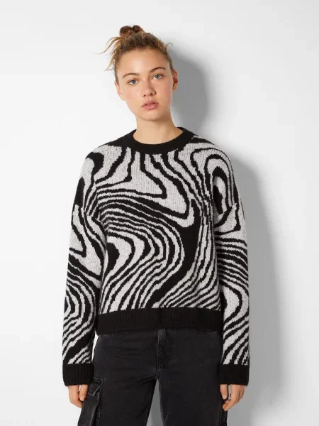 Bershka Pulover negru / alb