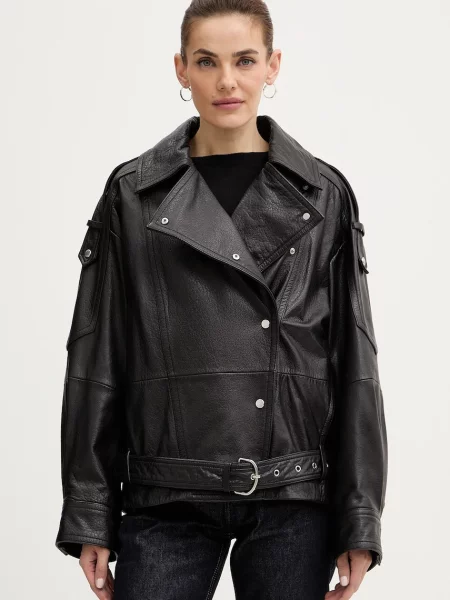 Usnjena biker jakna BOSS Orange črna