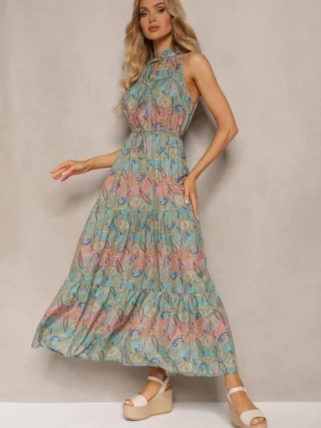 Niebiesko-Zielona Sukienka w Stylu Boho Bez Rękawów z Gumką w Pasie i Wiązaniem przy Dekolcie Yisa niebieska