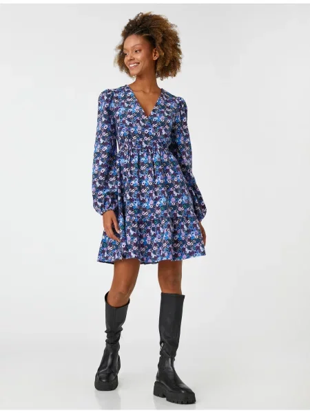 Sukienka mini Koton w kwiatki z dekoltem w serek z rękawami balonowymi szara