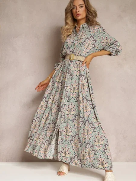 Rochie Cămașă Mentă-Roz cu Suplimentară și Mâneci Suflecate Alonie verde