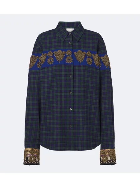 Καρό πουκάμισο Dries Van Noten με κέντημα φανελένιο πράσινο