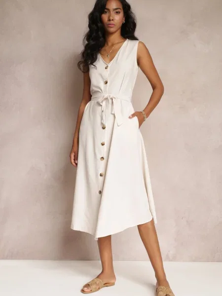 Rochie trapezoidală midi fără mâneci cu Ajana bej