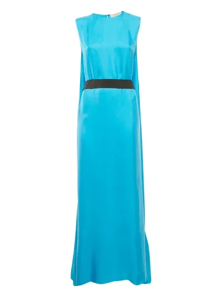 Satynowa sukienka Roksanda z falbankami garniturowa niebieska