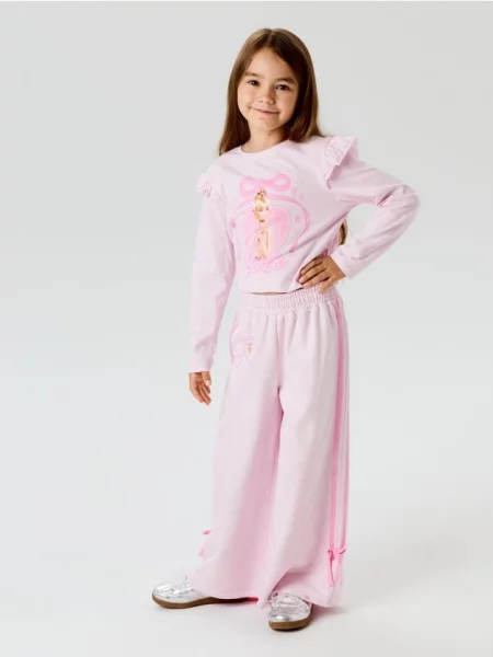 Sinsay kalhoty wide leg s lampasy Barbie pastelová růžová