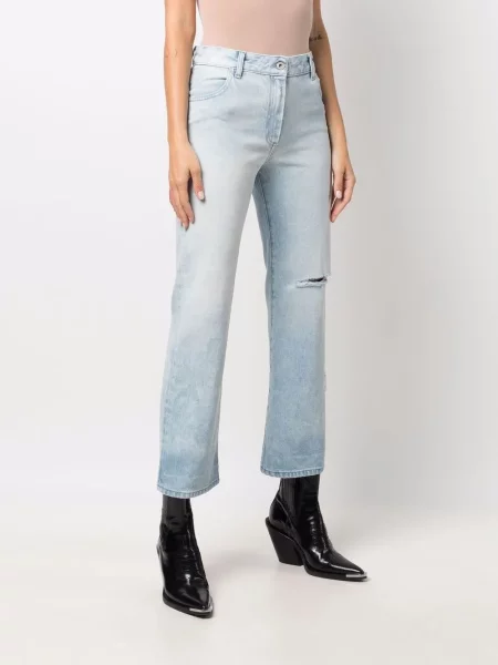 Blugi drepți Off-white cu talie înaltă zdrențuiți alb