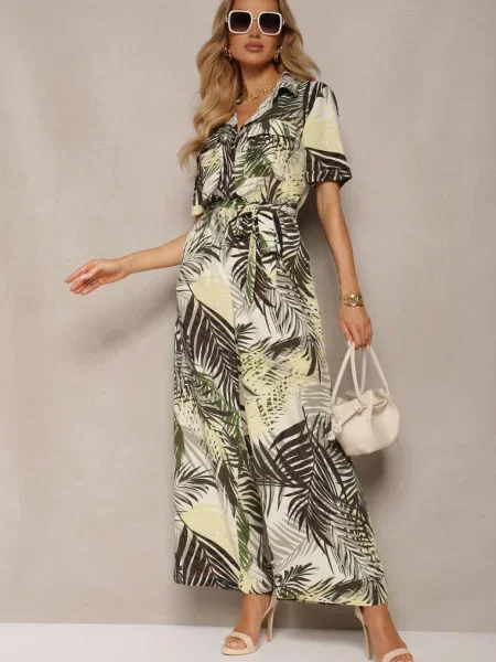 Verde-Bej Salopetă cu Mânecă Scurtă cu în Talie și din Efilove bej