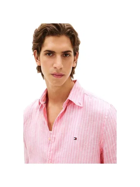 Lniana koszula Tommy Hilfiger w paski różowa