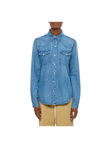 Bluzka Polo Ralph Lauren elegancka z kieszeniami na piersi niebieska