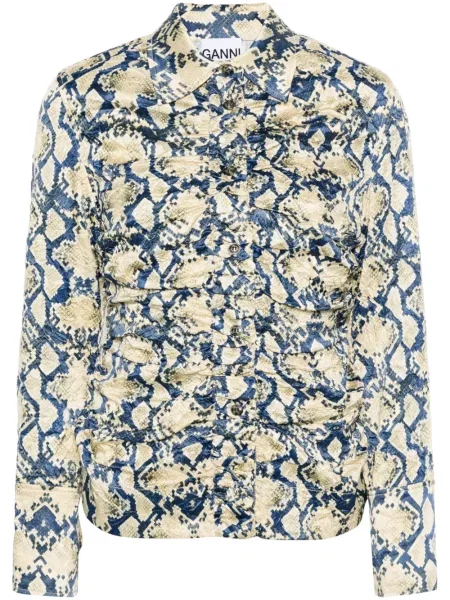 Cămașă Ganni din satin cu imagine cu model piele de șarpe albastru