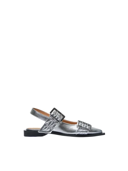 GANNI baleriny Feminine Buckle Ballerina Metallic srebrny z odkrytą piętą szare