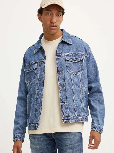 Traper jakna Guess Jeans za muškarce za prijelazno razdoblje oversize plava