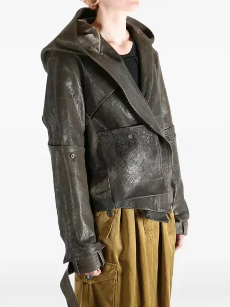 Kurtka skórzana Yehuafan z kapturem zielona