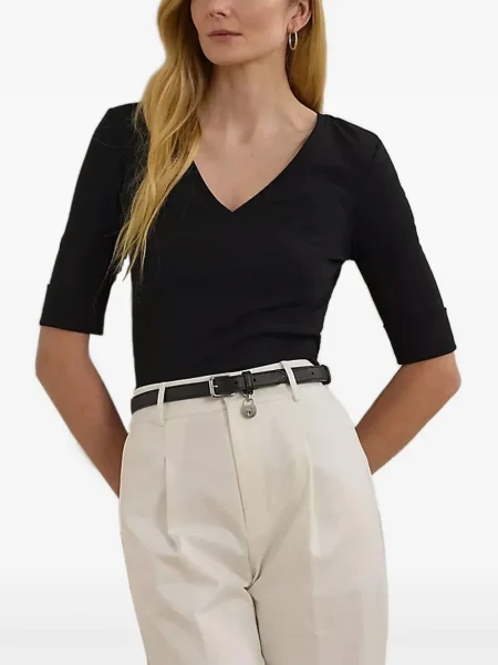Top Lauren Ralph Lauren cu decolteu în V cu mânecă pe jumătate negru