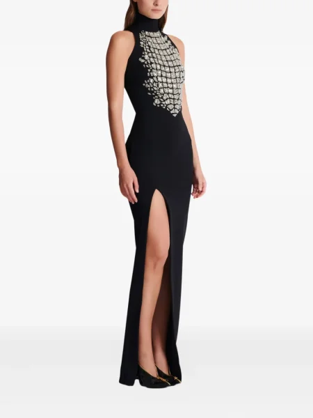 Rochie maxi Balmain cu crăpătură de costum negru