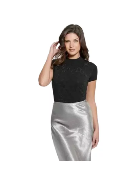 T-shirt o kroju slim fit z obszyciem kamieniami stras na całej powierzchni Guess czarna