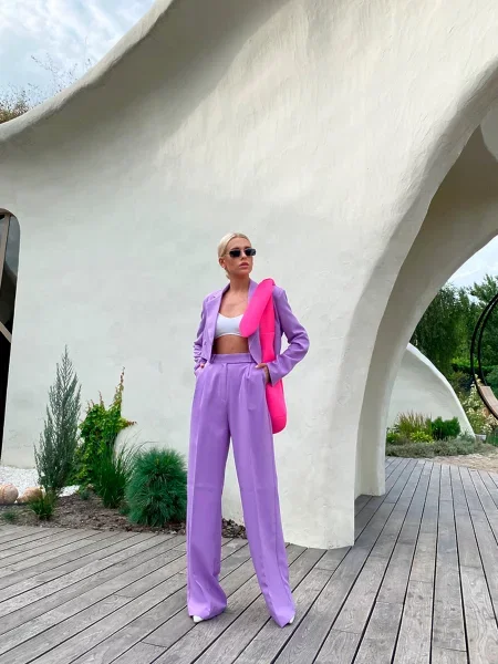 Повсякденний костюм Milirud кроп-жакет + брюки палаццо лавандовий бавовна/поліестер