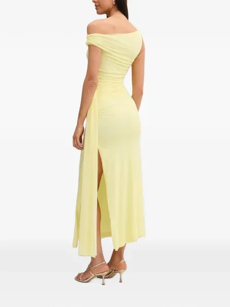 Rochie maxi Bardot cu volane cu un umăr gol galben