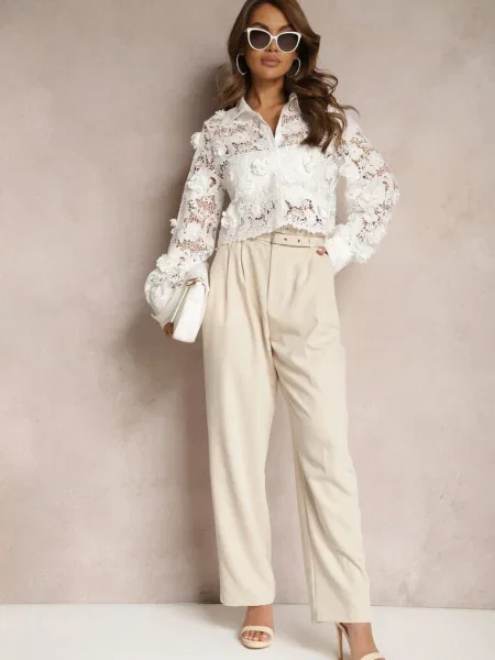 Pantaloni High Waist Stil Costum cu Curele și Catarame Daklena bej